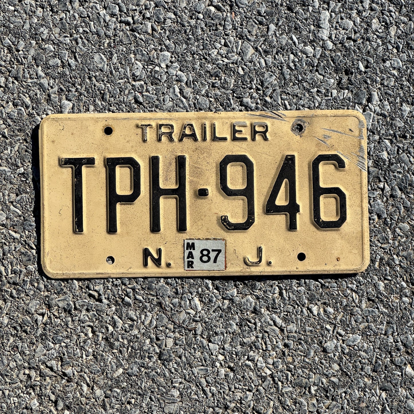 Photo of a 1960 1987 New Jersey Trailer License Plate Auto Tag Garage Decor Vintage TPH 946