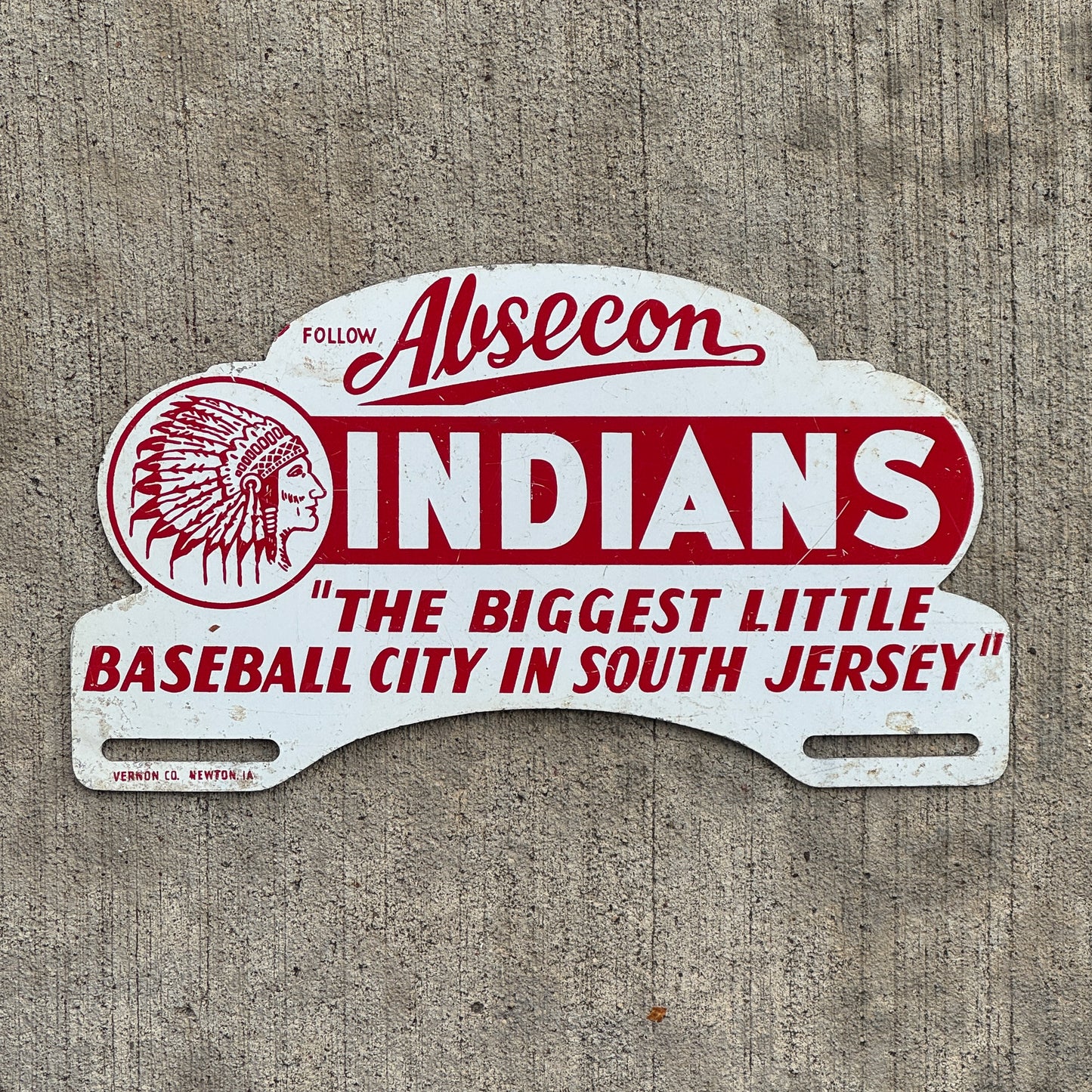 Photo of a 1960 Era Absecon New Jersey License Plate Topper Auto Tag Garage Decor Vintage Native American Indians Baseball City with original patina