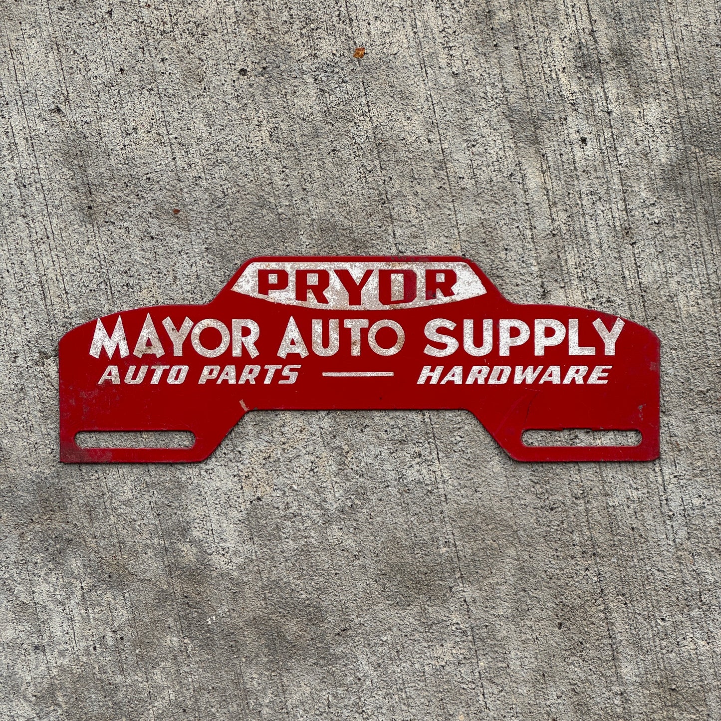 Photo of a 1960 Era Mayor Auto Supply Pryor Oklahoma License Plate Topper Auto Tag Garage Decor Vintage Smaltz Reflective Paint with original patina