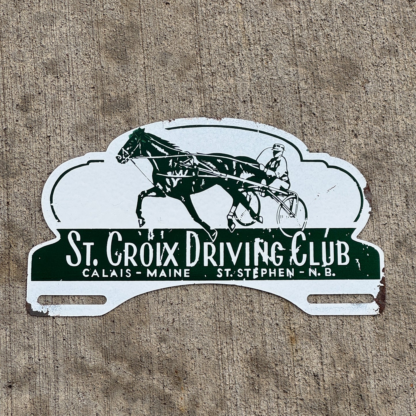 Photo of a 1960 Era St Croix Driving Club Calais Maine License Plate Topper Auto Tag Garage Decor Vintage Horse with original patina