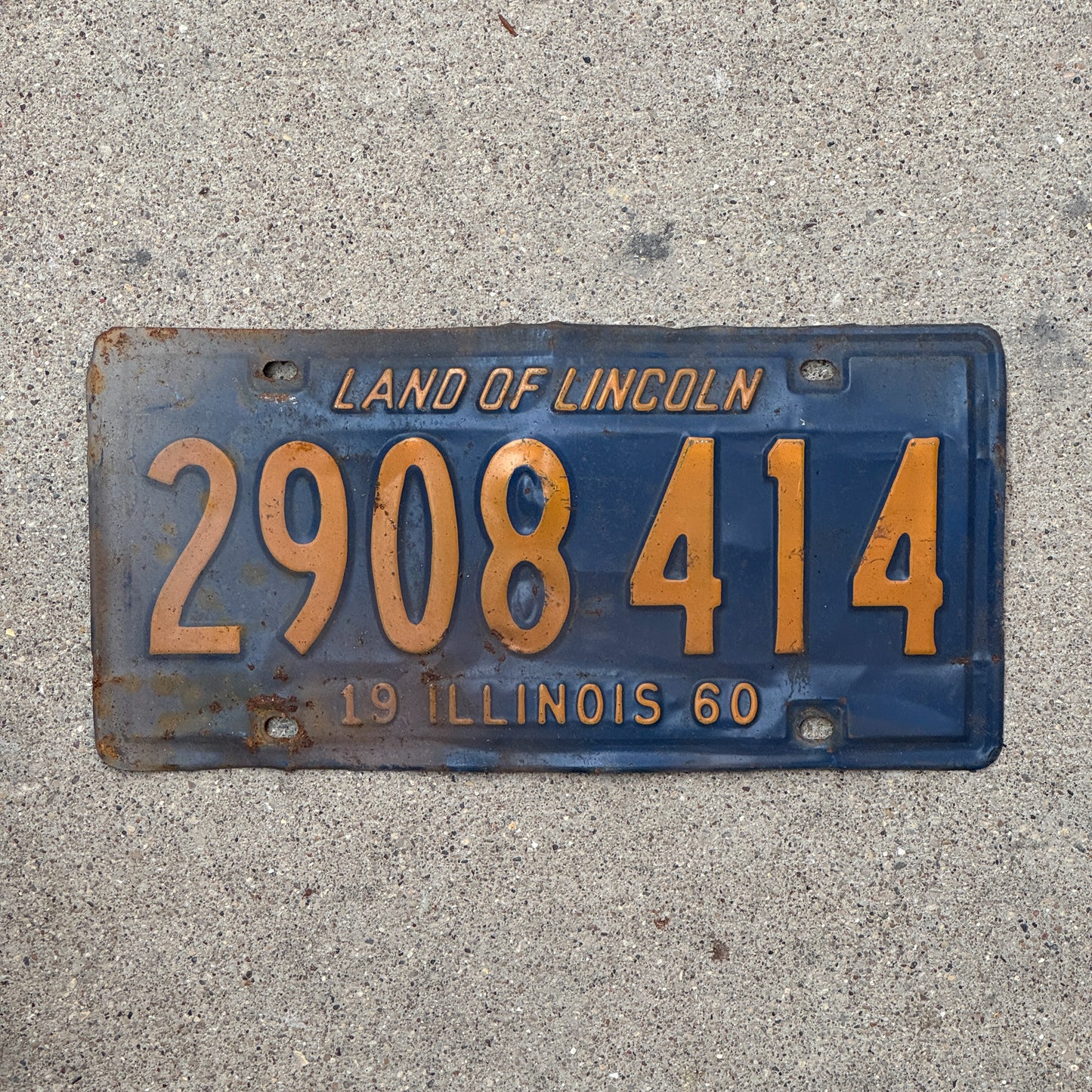 Photo of a 1960 Illinois License Plate Auto Tag 2 Vintage Garage Orange Blue 2 908 414 with original patina