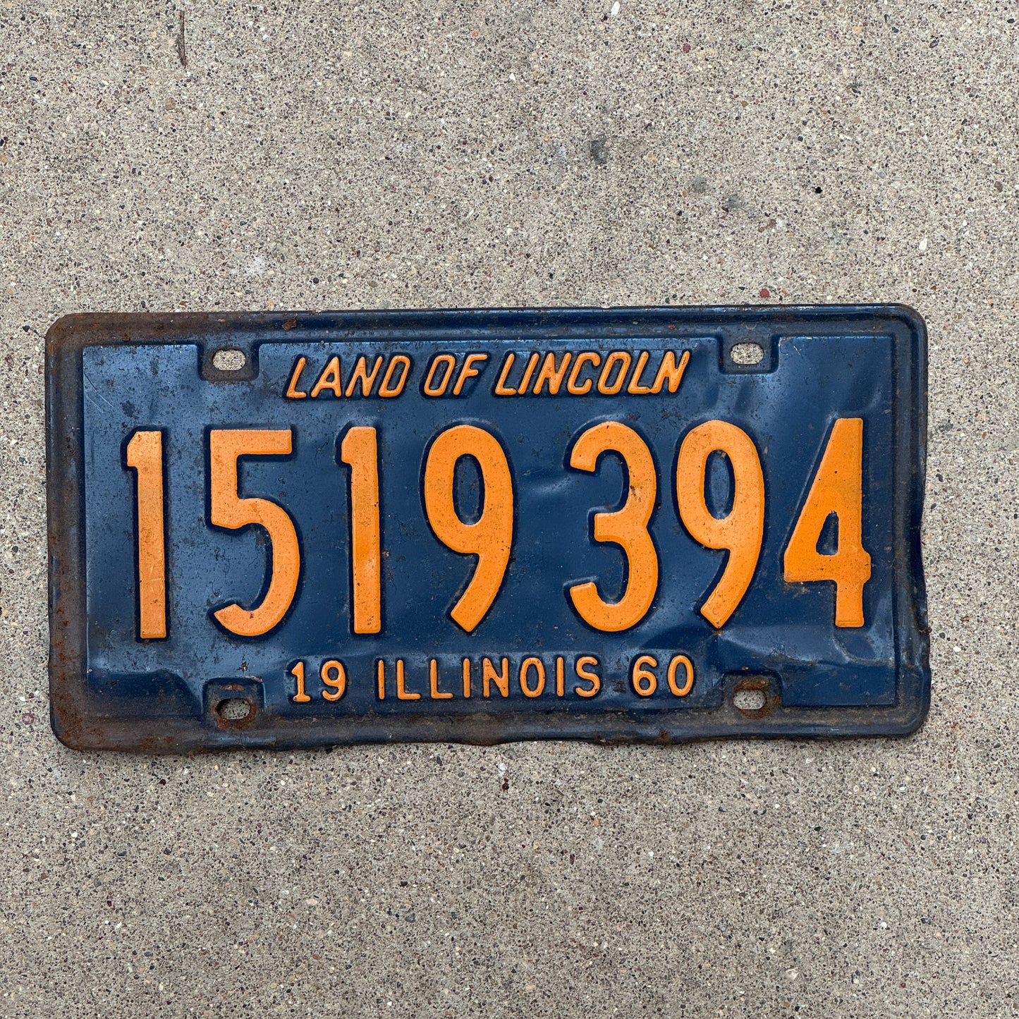 Photo of a 1960 Illinois License Plate Auto Tag Garage Decor Vintage Orange Blue 1 519 394 with original patina