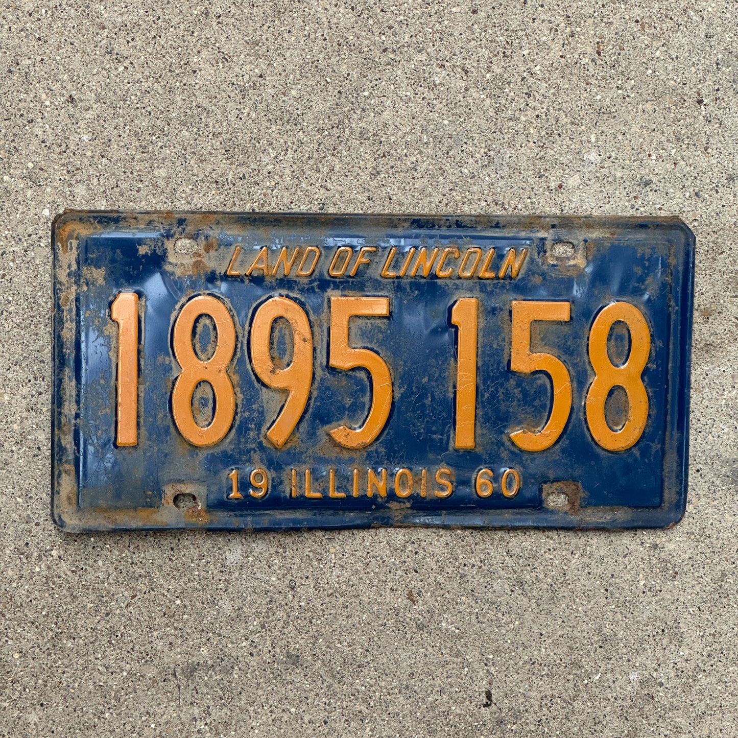 Photo of a 1960 Illinois License Plate Auto Tag Garage Decor Vintage Orange Blue 1 895 158 with original patina