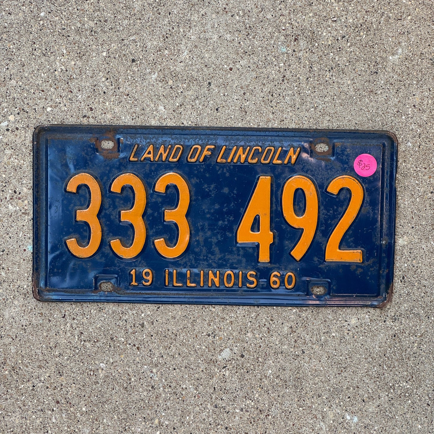 Photo of a 1960 Illinois License Plate Auto Tag Garage Decor Vintage Repeat Repeating 333 492 with original patina