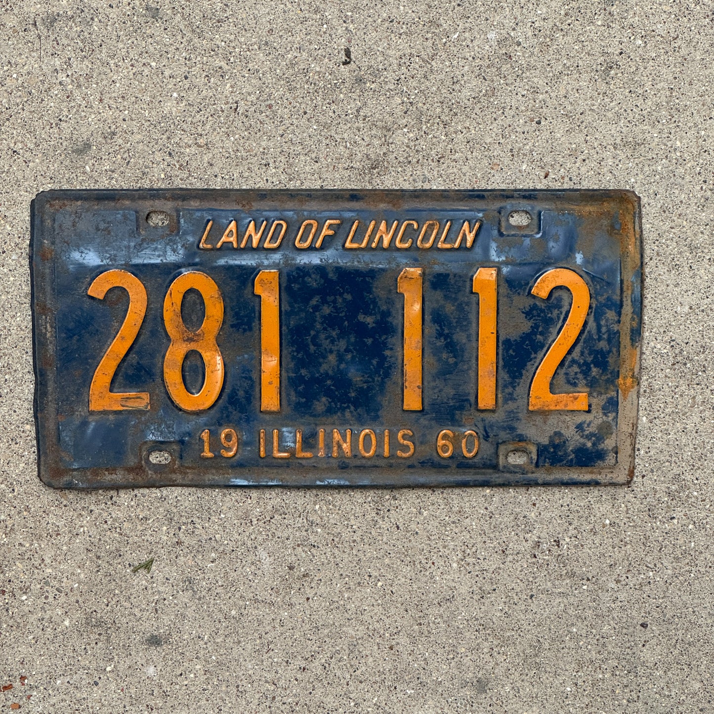Photo of a 1960 Illinois License Plate Auto Tag Garage Decor Vintage Repeat Repeating Orange Blue 281 112 with original patina