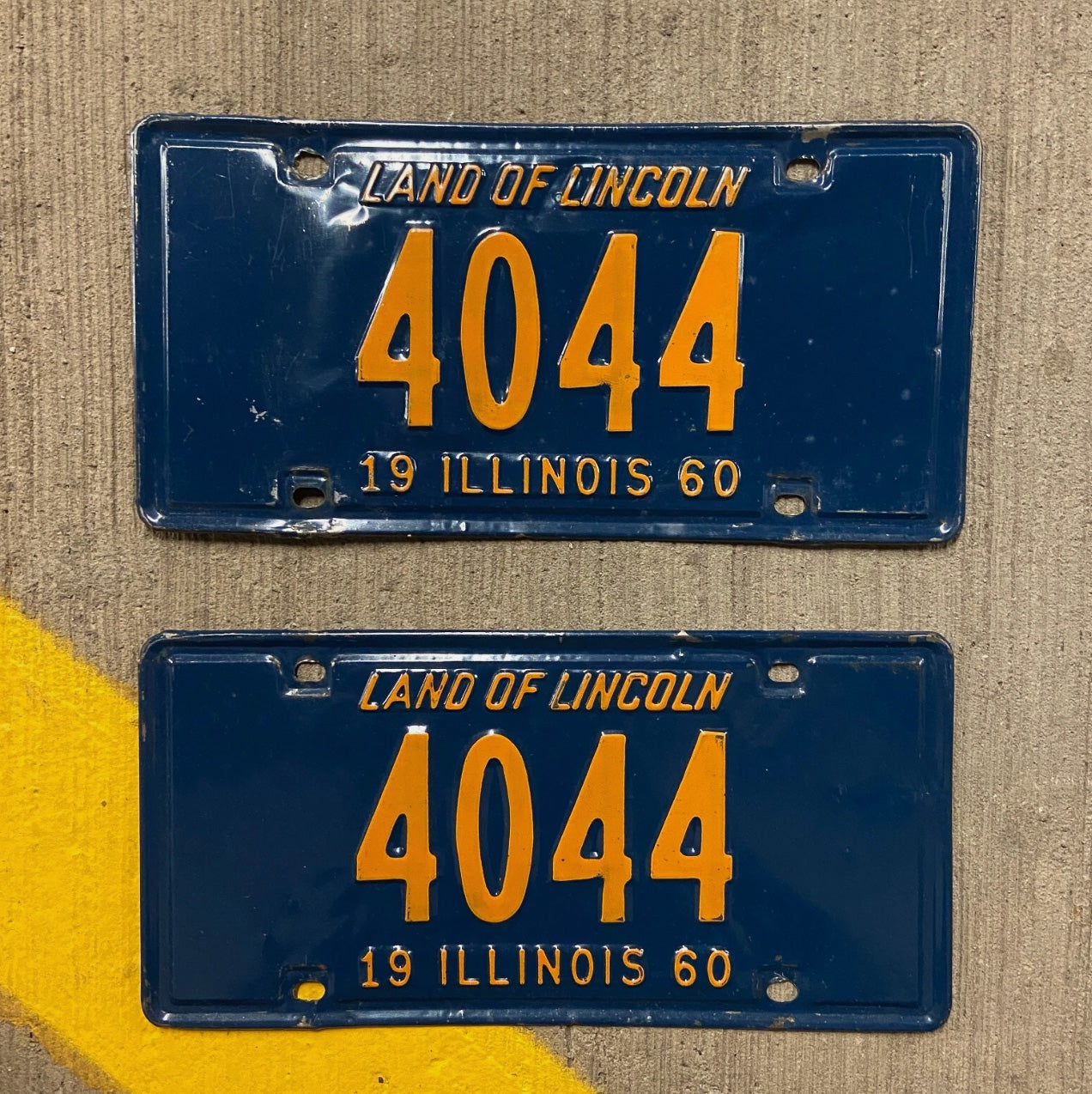 Photo of a 1960 Illinois License Plate Pair Auto Tag Garage Decor Vintage Low Number Four Digit 4044 with original patina