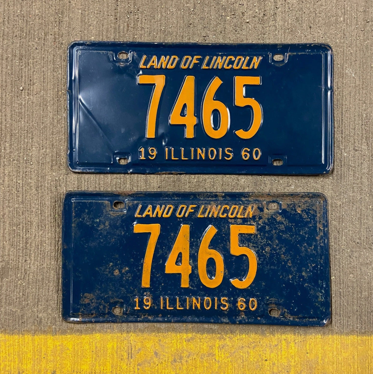 Photo of a 1960 Illinois License Plate Pair Auto Tag Garage Decor Vintage Low Number Four Digit 7465 with original patina