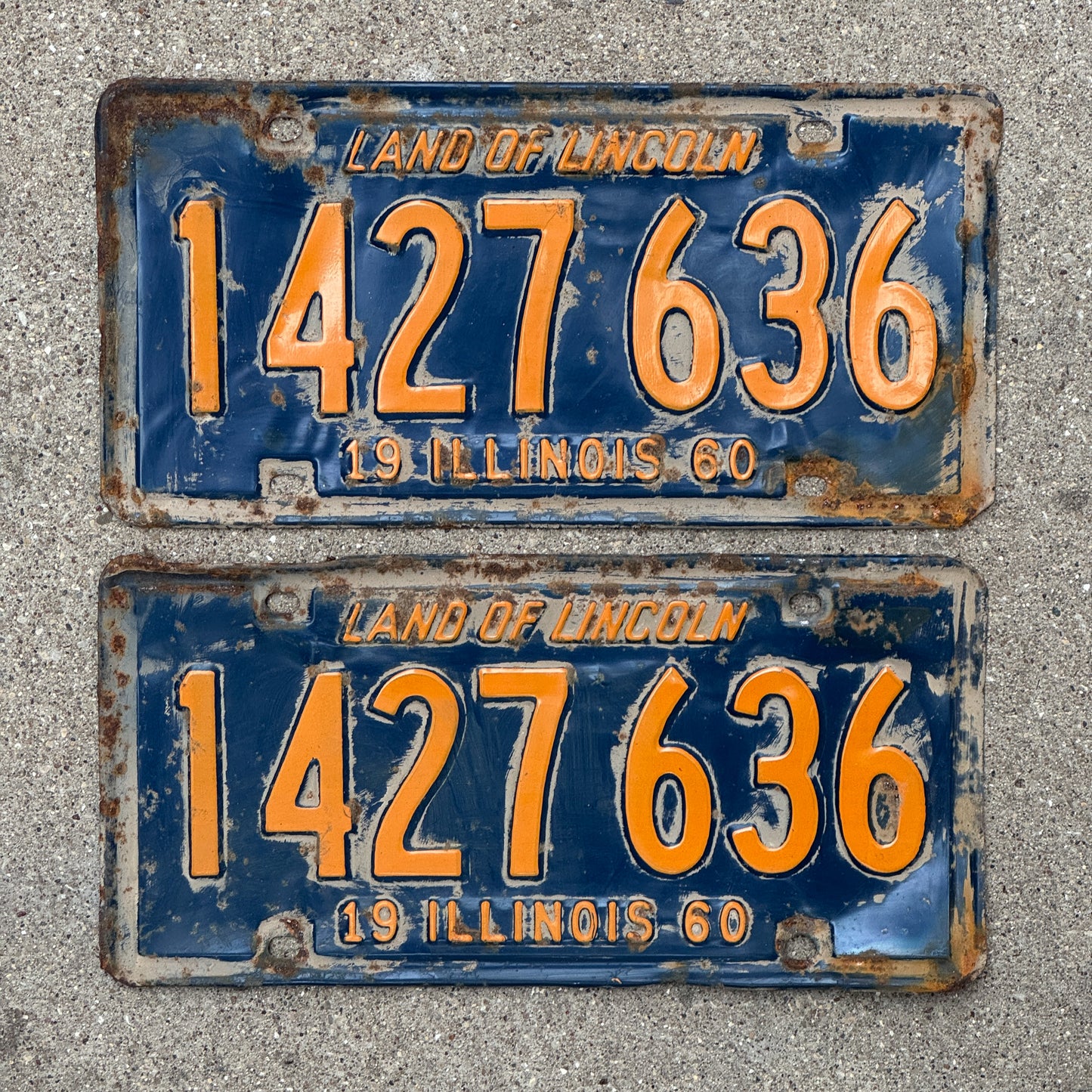 Photo of a 1960 Illinois License Plate Pair Auto Tag Garage Decor Vintage Orange Blue 1 427 636 with original patina