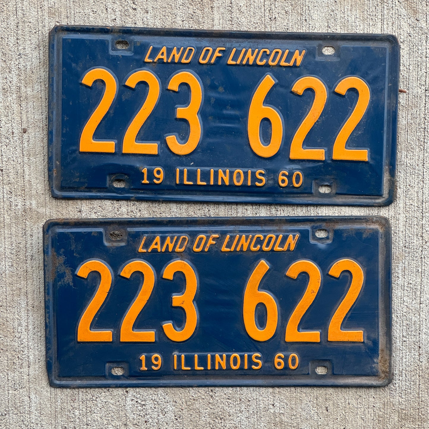 Photo of a 1960 Illinois License Plate Pair Auto Tag Garage Decor Vintage Orange Blue 223 622 with original patina