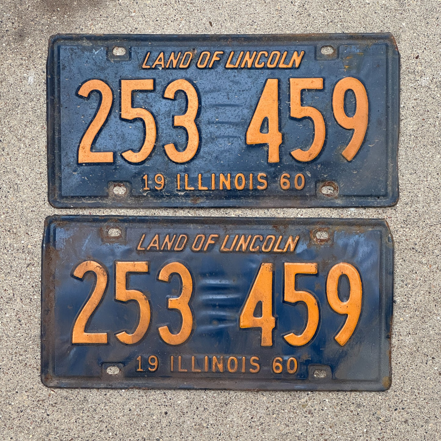 Photo of a 1960 Illinois License Plate Pair Auto Tag Garage Decor Vintage Orange Blue 253 459 with original patina