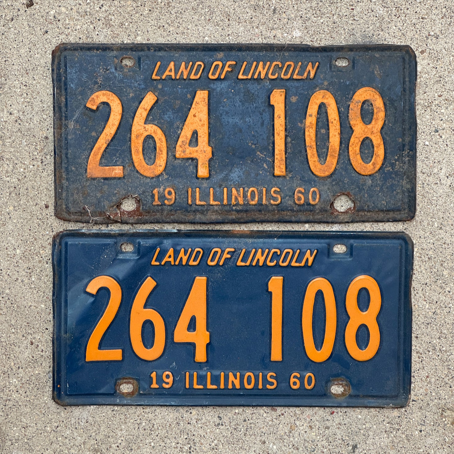 Photo of a 1960 Illinois License Plate Pair Auto Tag Garage Decor Vintage Orange Blue 264 108 with original patina