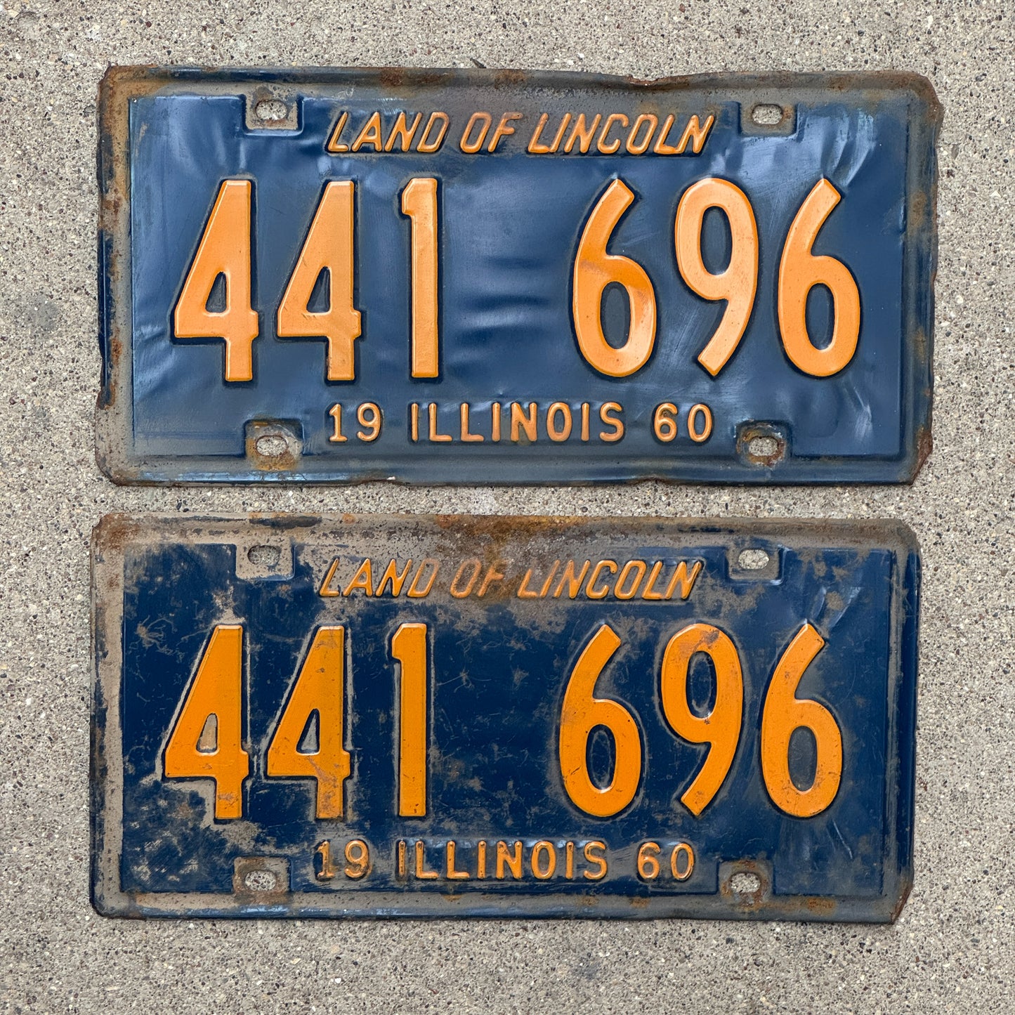 Photo of a 1960 Illinois License Plate Pair Auto Tag Garage Decor Vintage Orange Blue 441 696 with original patina