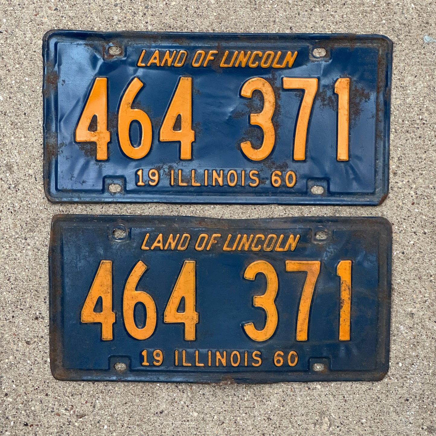 Photo of a 1960 Illinois License Plate Pair Auto Tag Garage Decor Vintage Orange Blue 464 371 with original patina