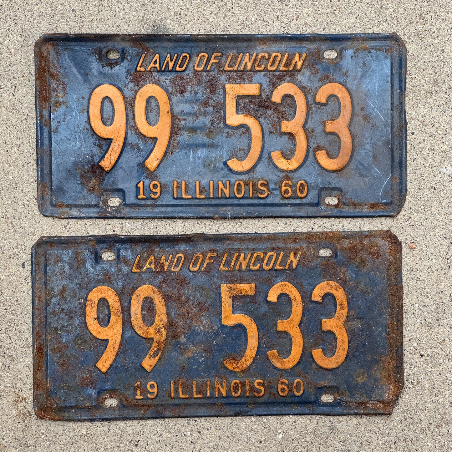 Photo of a 1960 Illinois License Plate Pair Auto Tag Garage Decor Vintage Orange Blue 99 533 with original patina