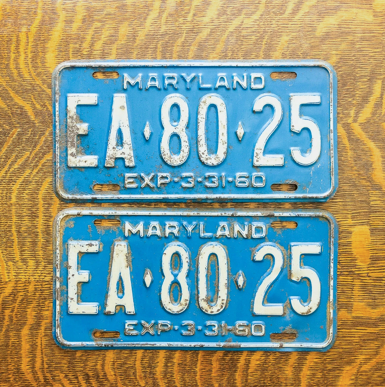 Photo of a 1960 Maryland License Plate Pair Auto Tag Garage Decor Vintage EA 8025 with original patina