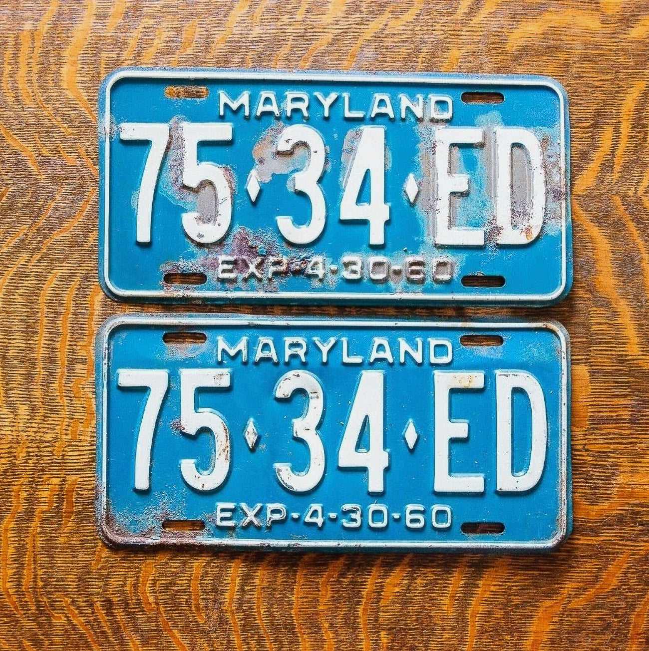 Photo of a 1960 Maryland Truck License Plate Pair Auto Tag Garage Decor Vintage 75 34 ED with original patina