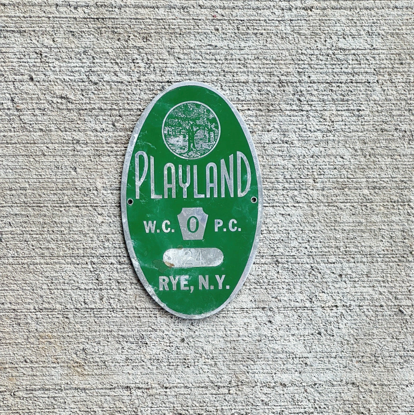 Photo of a 1960 New York Playland Rye, NY Employee Parking Permit 24 New York Tag License Plate Topper Auto Tag Garage Decor Vintage with original patina