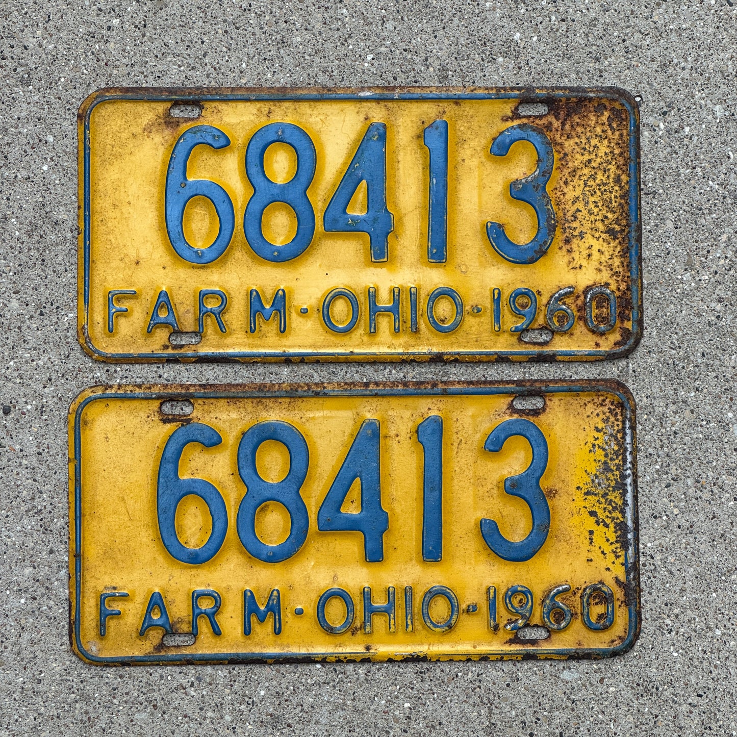 Photo of a 1960 Ohio Farm License Plate Pair Auto Tag Garage Decor Vintage 68413 with original patina