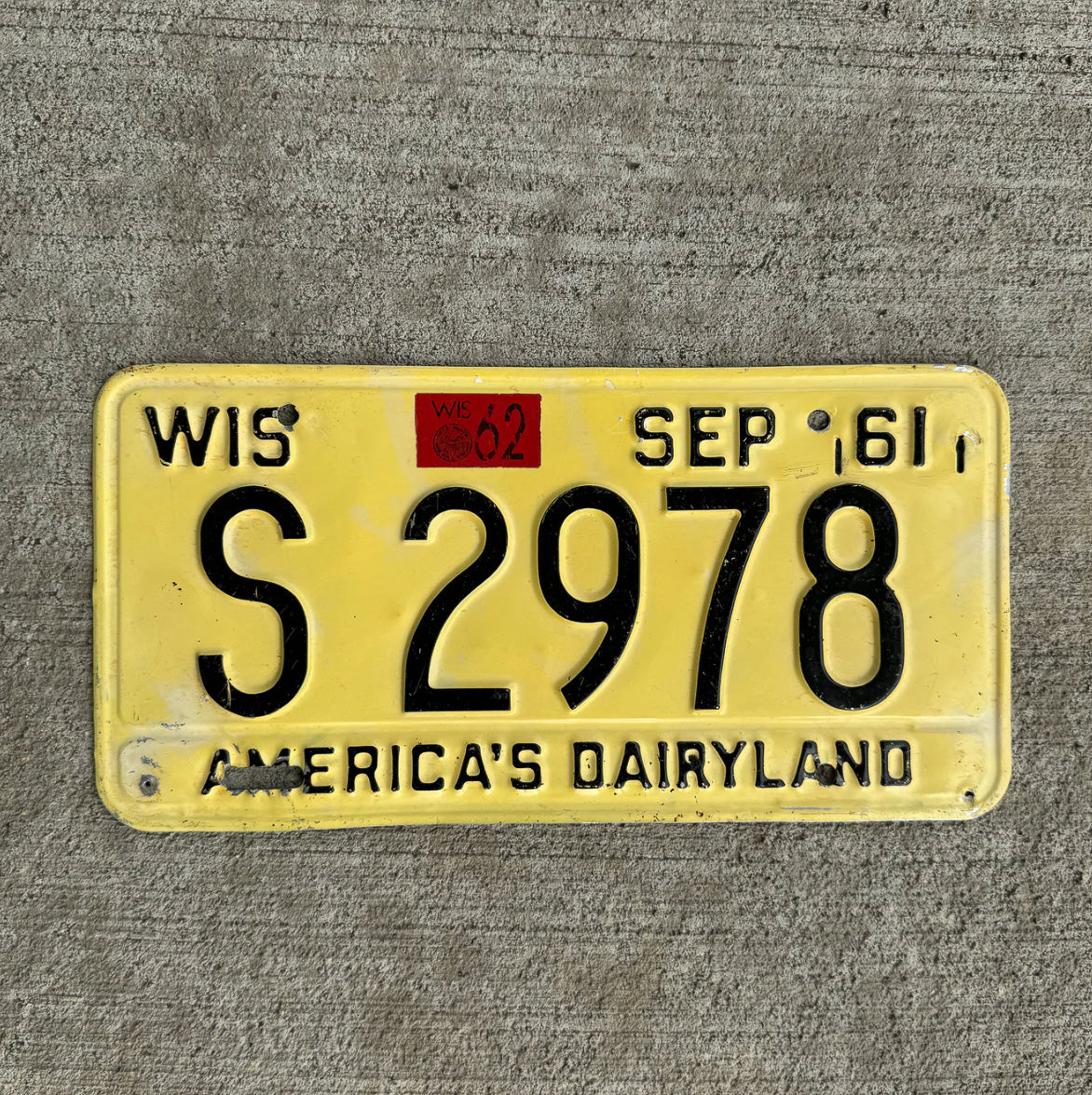 Photo of a 1961 1962 Wisconsin License Plate Auto Tag Garage Decor Vintage S 2978 with original patina