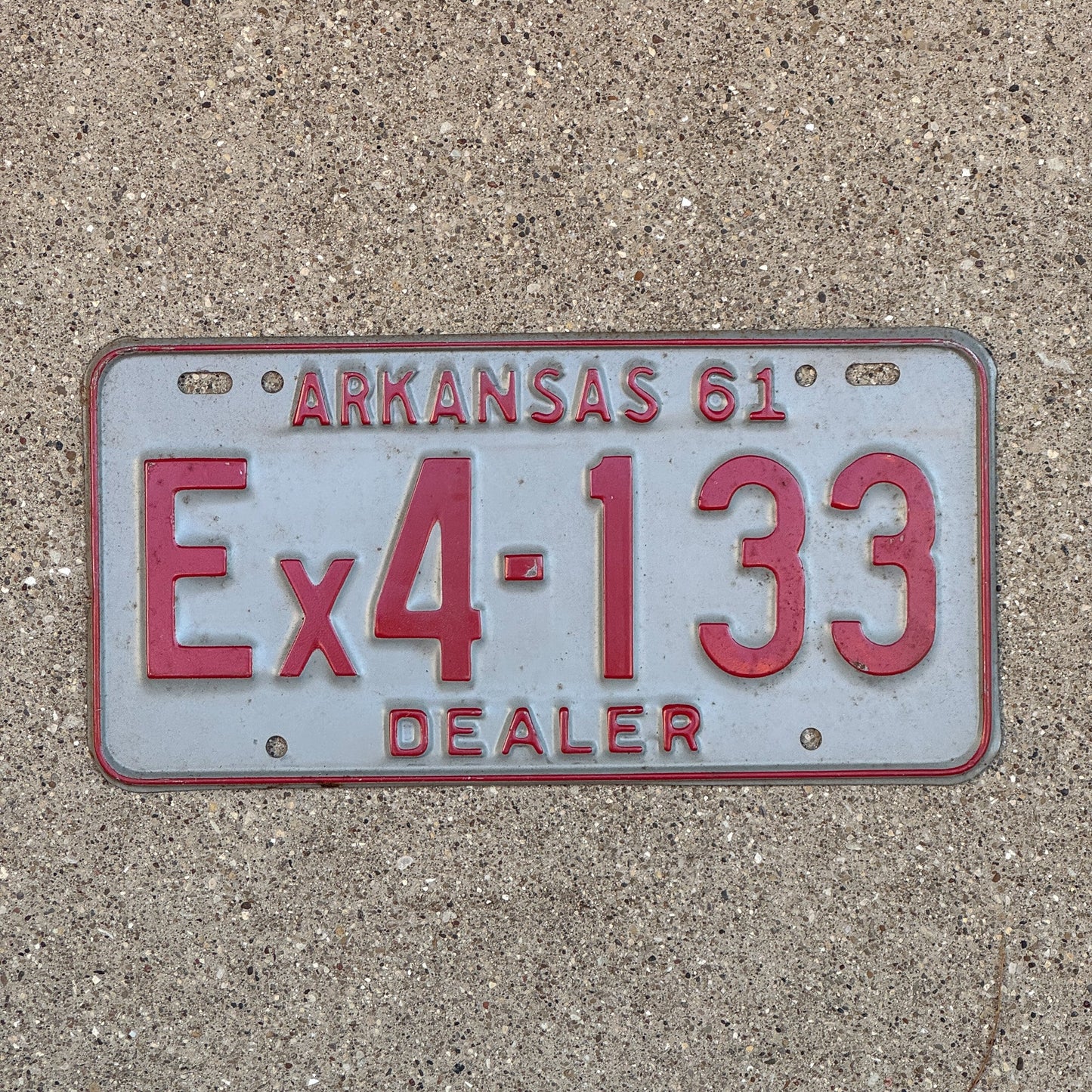 Photo of a 1961 Arkansas Dealer Extra License Plate Auto Tag Garage Decor Vintage EX 4 133 with original patina