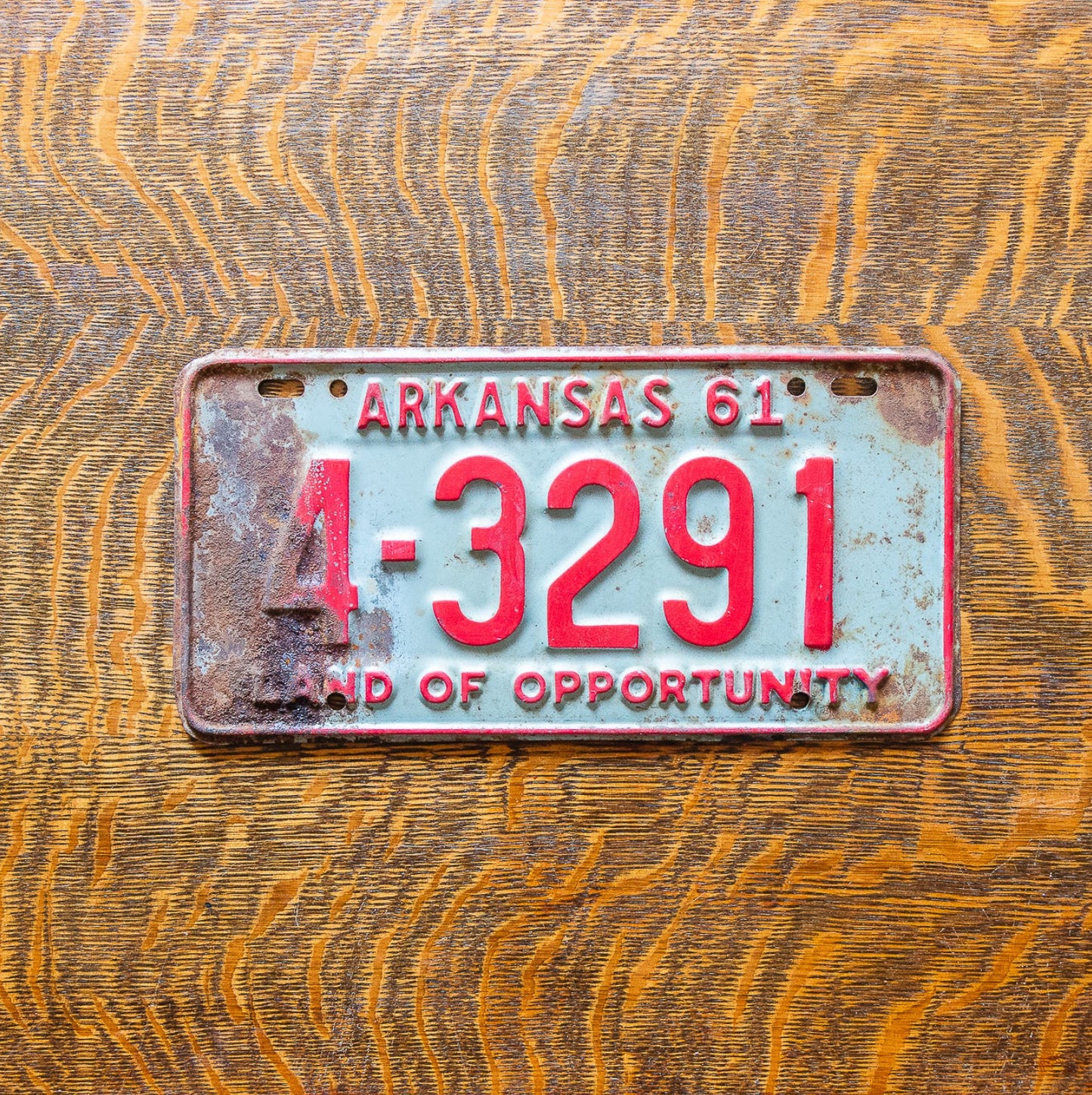 Photo of a 1961 Arkansas License Plate Auto Tag Garage Decor Vintage 4 3291 with original patina