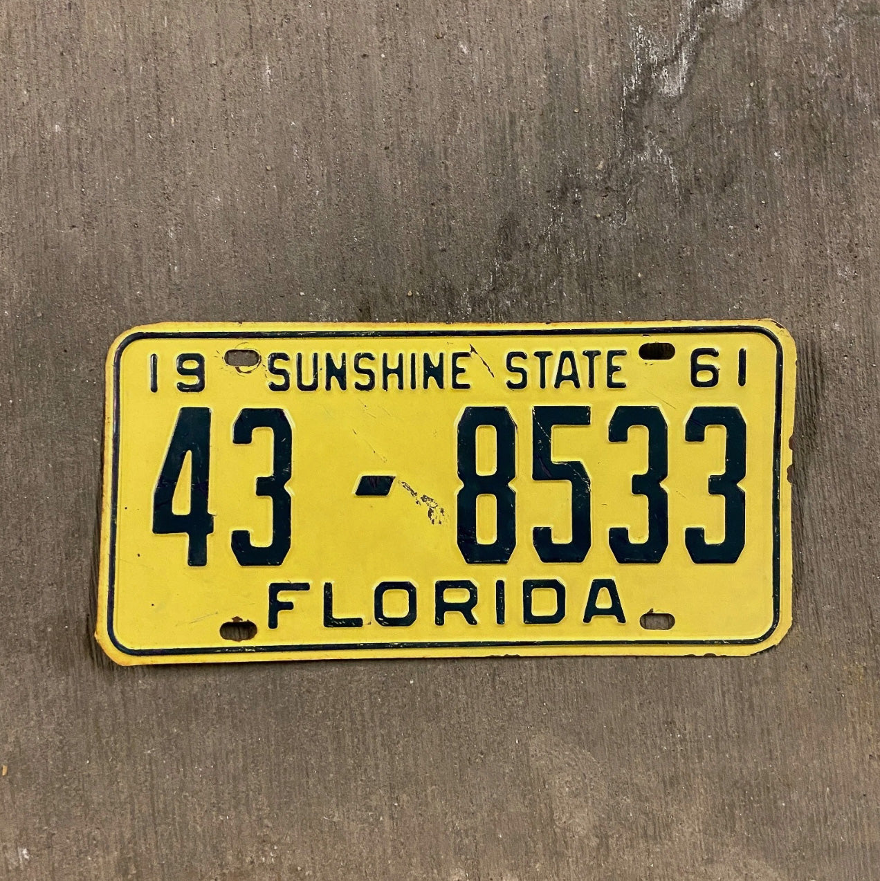 Photo of a 1961 Florida License Plate Auto Tag Garage Decor Vintage 43 8533 with original patina