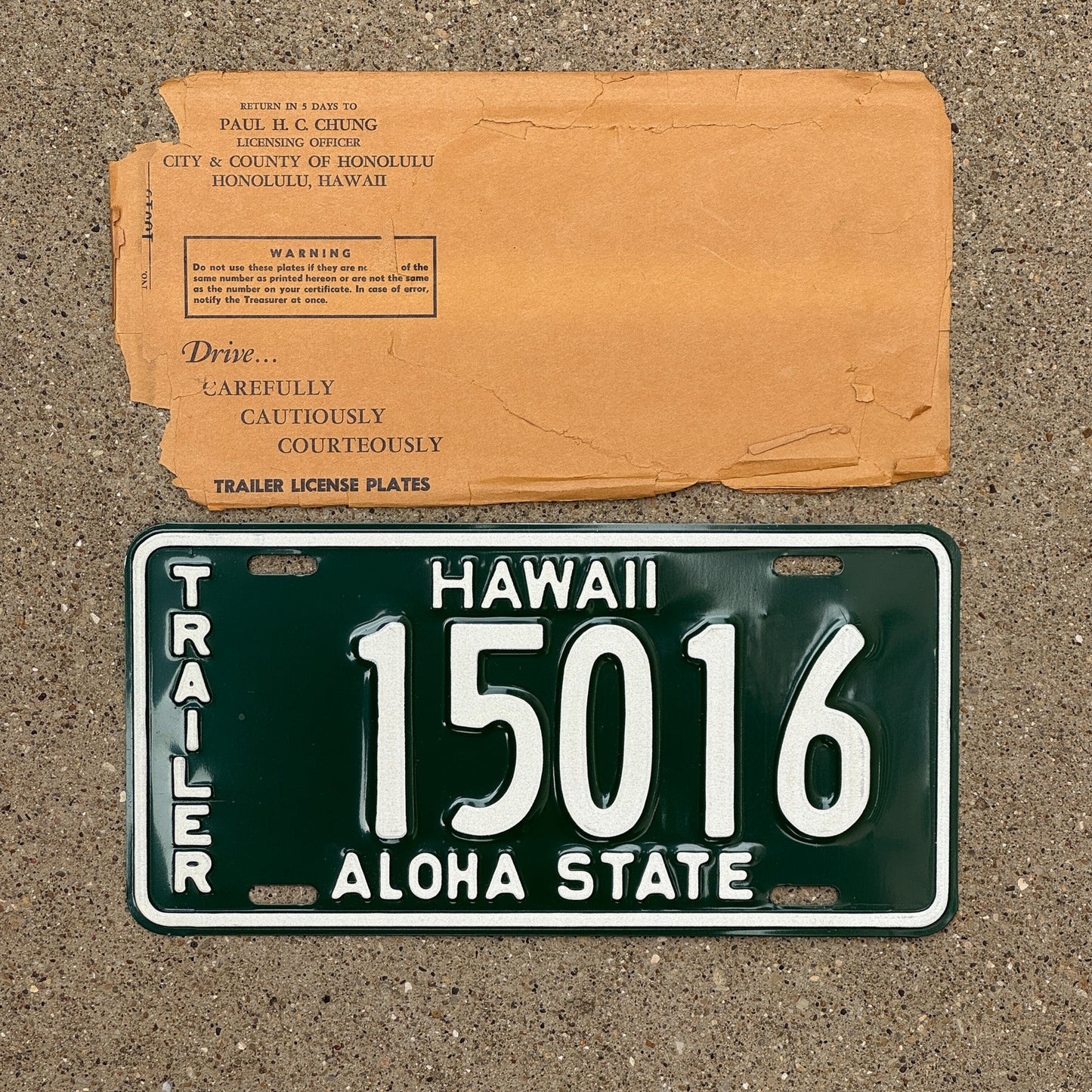 Photo of a 1961 Hawaii Trailer License Plate Auto Tag Garage Decor Vintage with Envelope 15016