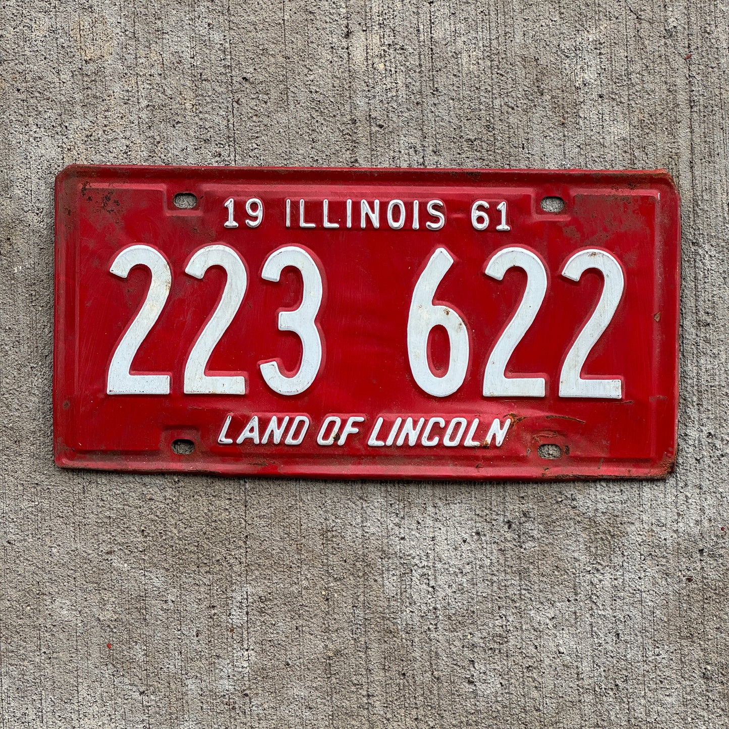 Photo of a 1961 Illinois License Plate Auto Tag 1 Vintage Garage 223 622 with original patina