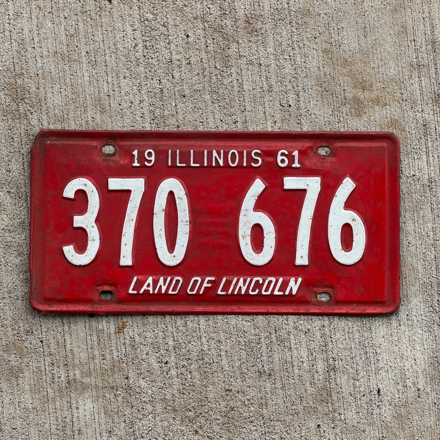 Photo of a 1961 Illinois License Plate Auto Tag 2 Vintage Garage 370 676 with original patina
