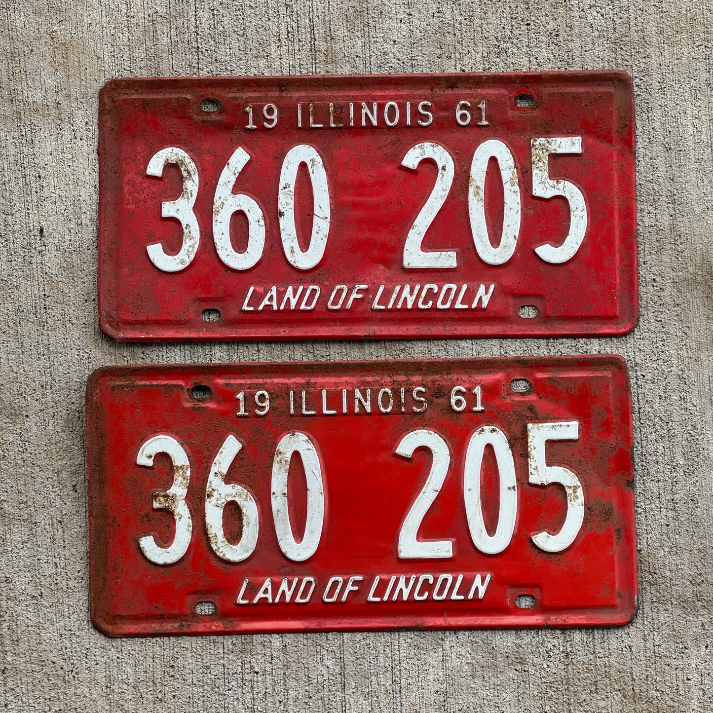 Photo of a 1961 Illinois License Plate Pair Auto Tag Garage Decor Vintage 360 205 with original patina