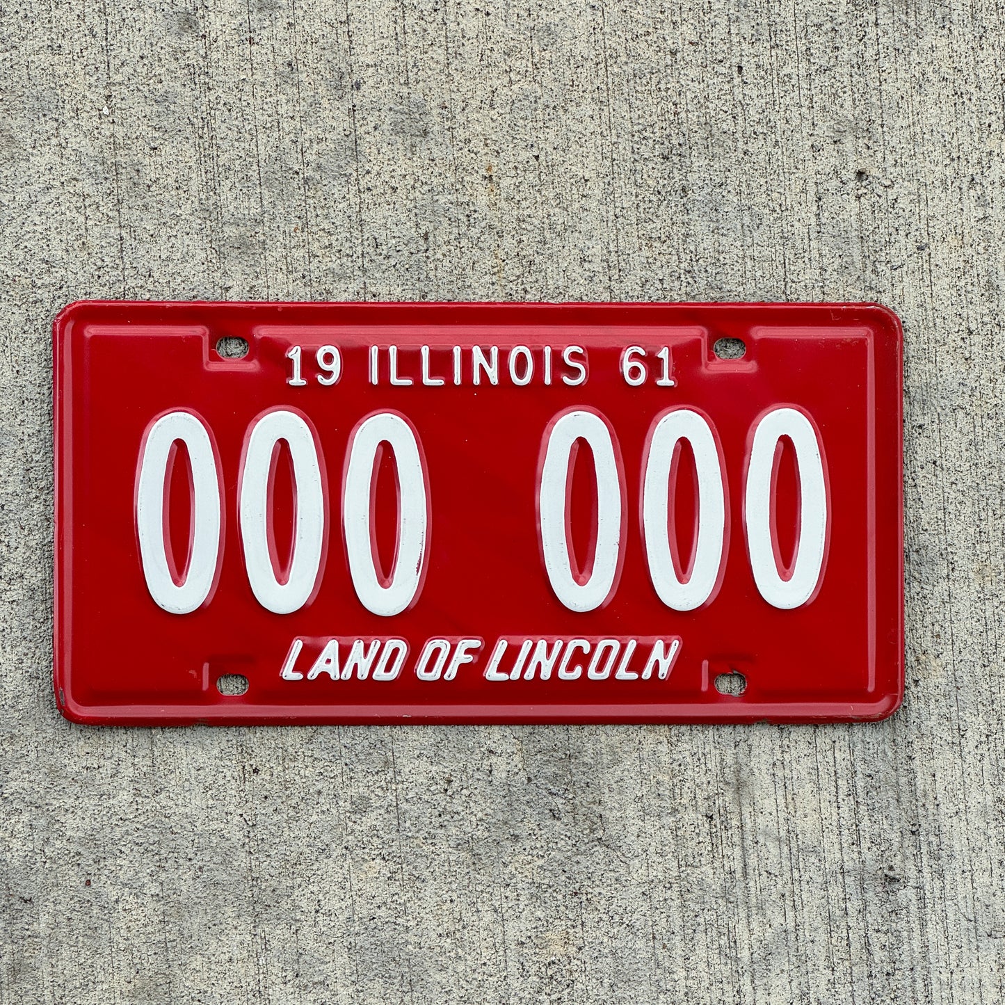 Photo of a 1961 Illinois Sample License Plate Auto Tag Garage Decor Vintage 000 000 with original patina
