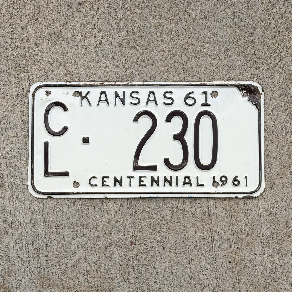 Photo of a 1961 Kansas License Plate Auto Tag Garage Decor Vintage CL 230 with original patina