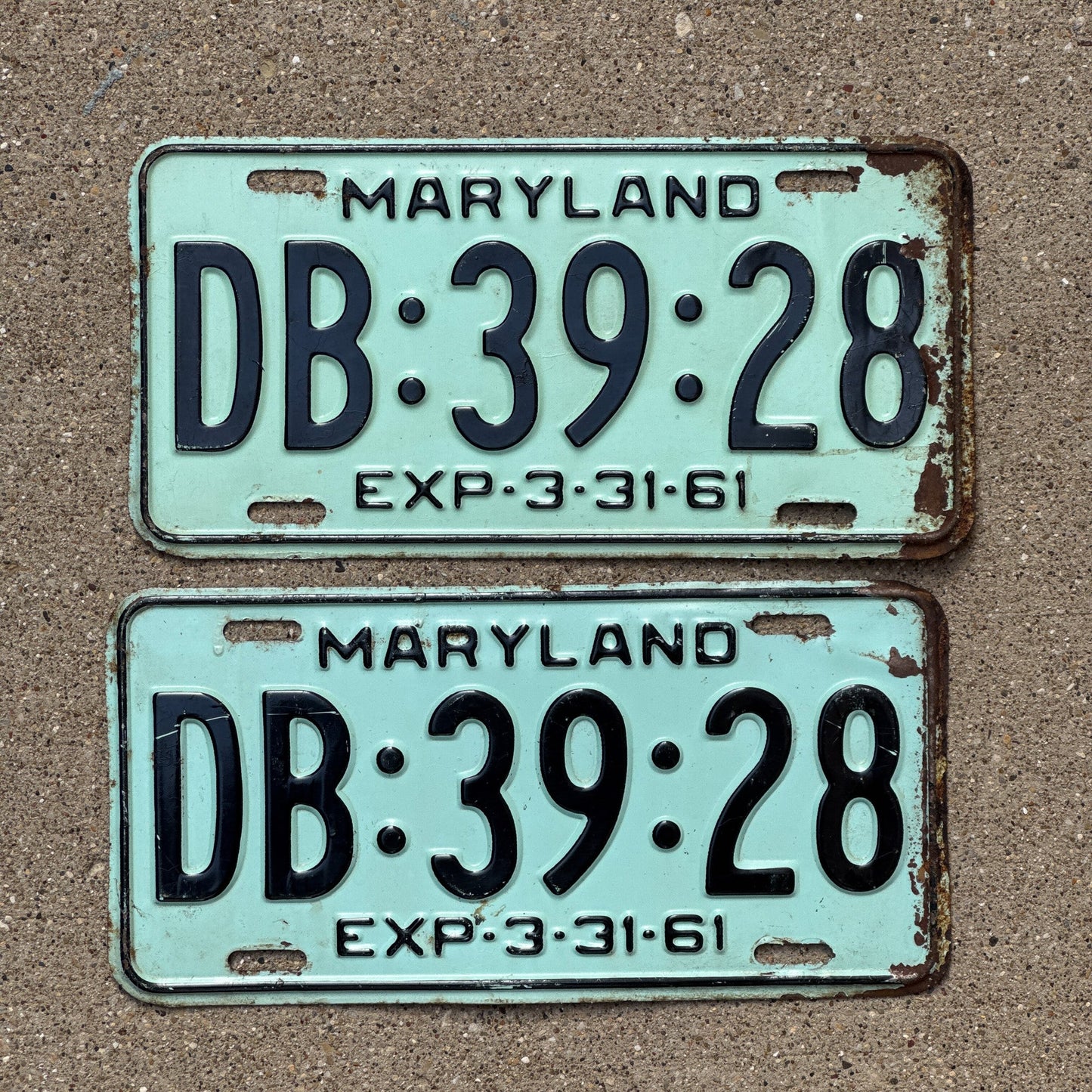 Photo of a 1961 Maryland License Plate Pair Auto Tag Garage Decor Vintage DB 3928