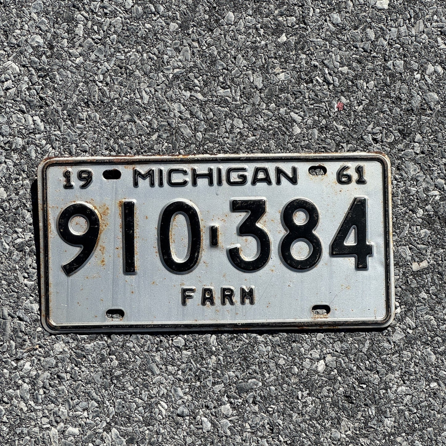 Photo of a 1961 Michigan Farm License Plate Auto Tag Garage Decor Vintage 910 384