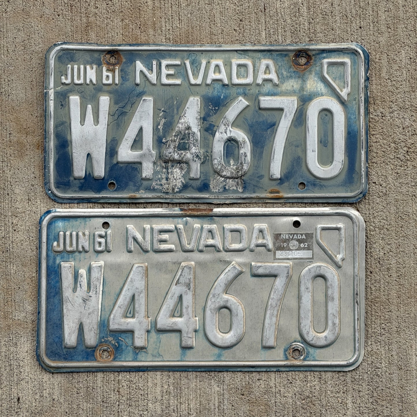 Photo of a 1961 Nevada License Plate Pair Auto Tag Garage Decor Vintage W 44670 with original patina