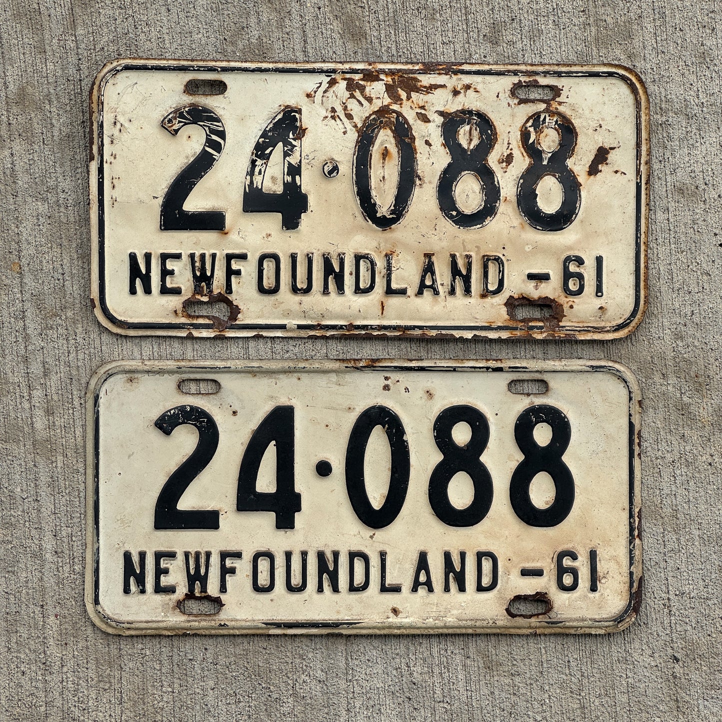 Photo of a 1961 Newfoundland License Plate Pair Auto Tag Garage Decor Vintage 24 088 with original patina