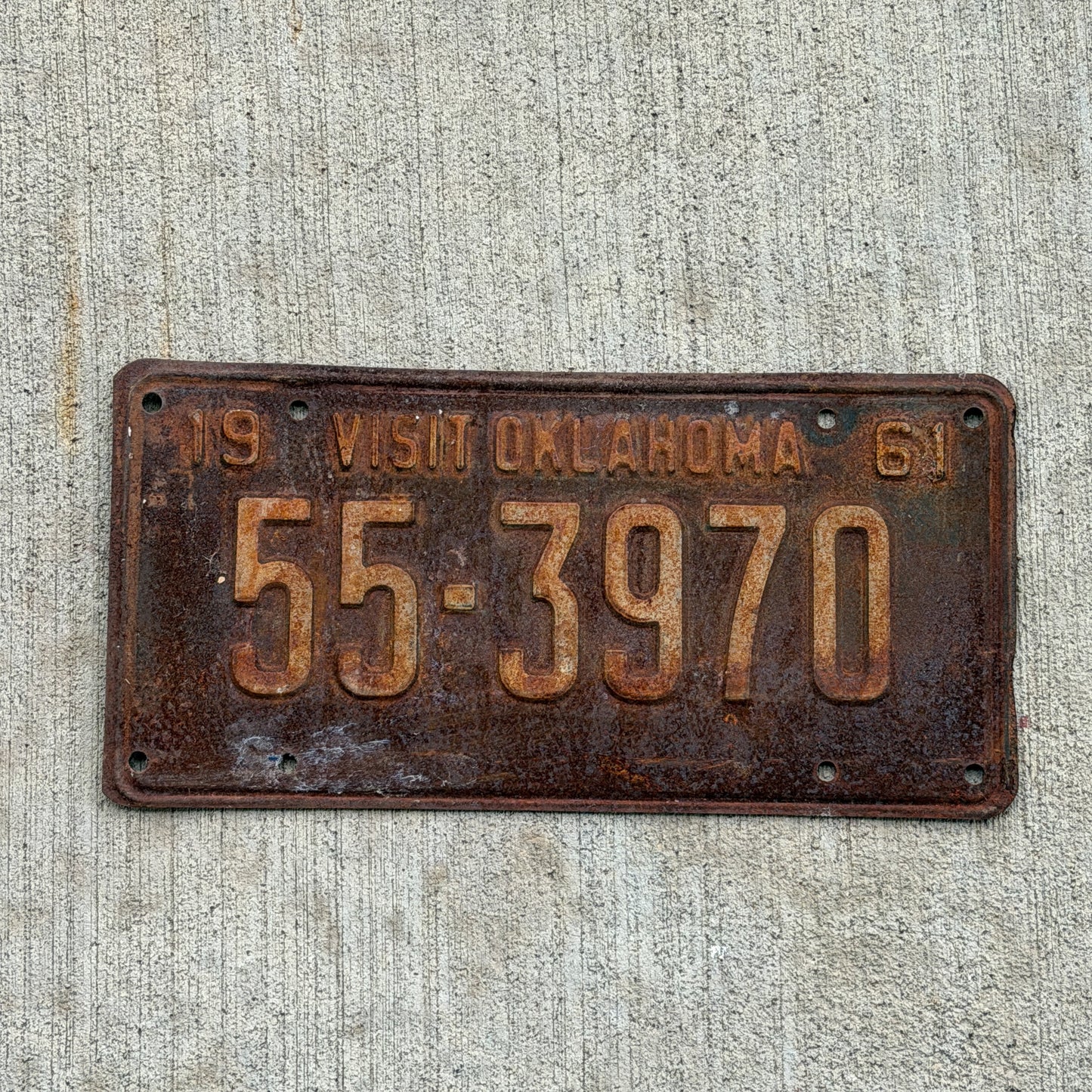 Photo of a 1961 Oklahoma License Plate Auto Tag Garage Decor Vintage 55 3970 with original patina