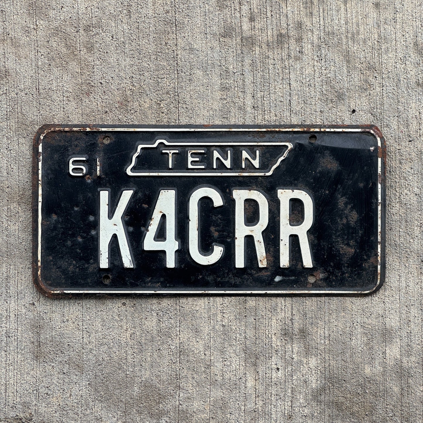 Photo of a 1961 Tennessee HAM Radio License Plate Auto Tag 2 Garage Decor K4CRR with original patina