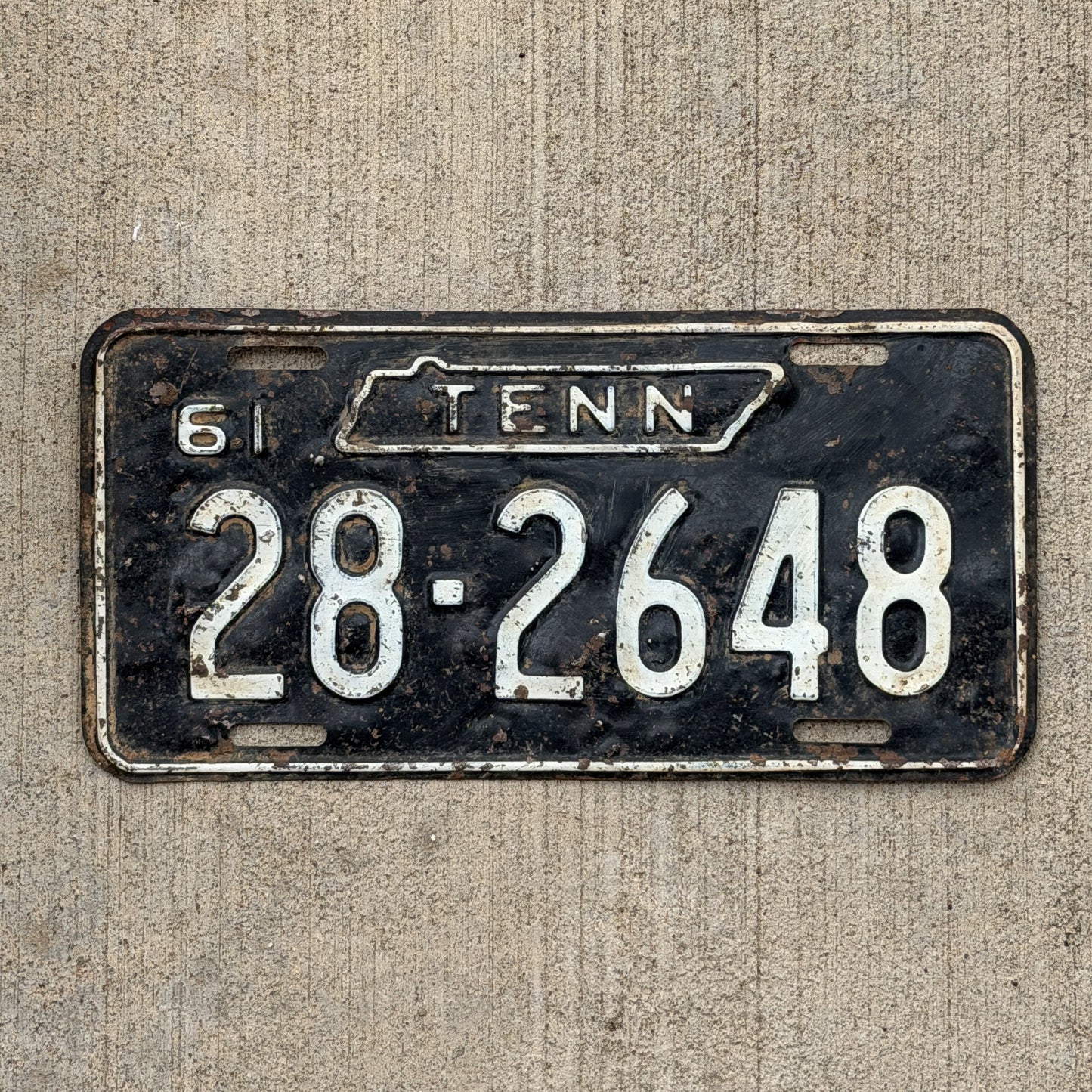 Photo of a 1961 Tennessee License Plate Auto Tag Garage Decor Vintage 28 2648 with original patina