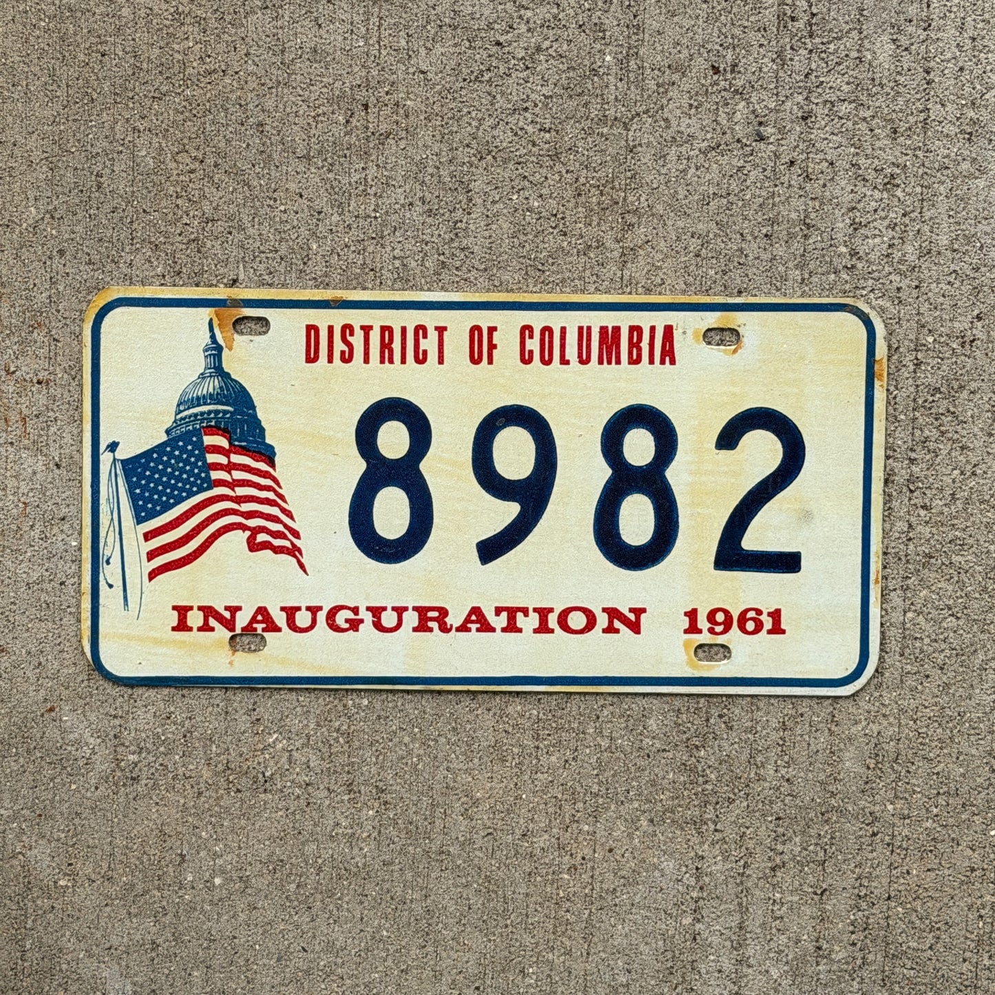 Photo of a 1961 Washington DC Inaugural License Plate Auto Tag Garage Decor Vintage Kennedy JFK Inauguration Politics Political 8982 with original patina