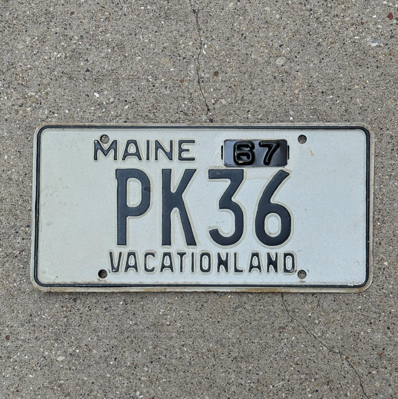 Photo of a 1962 1967 Maine Vanity License Plate Auto Tag 2 Garage Decor VANITY Name Initials PK 36