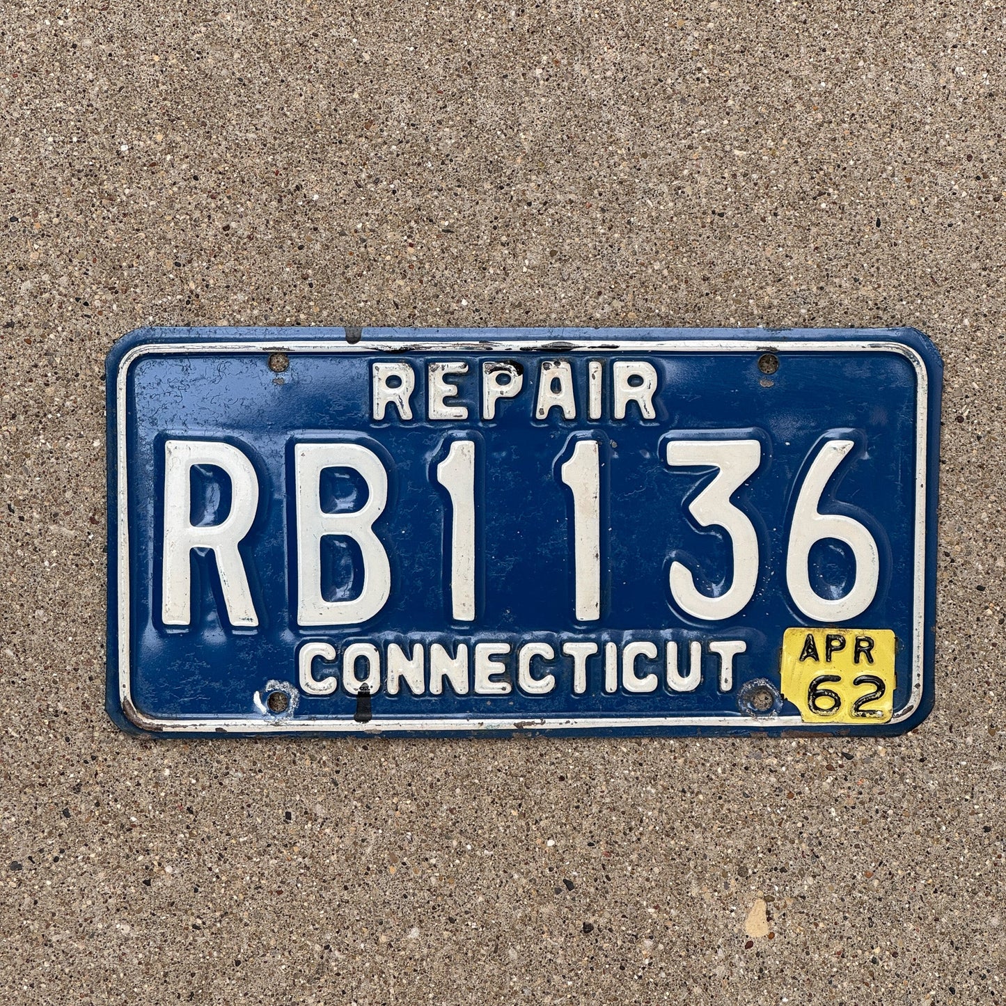 Photo of a 1962 Connecticut Repair License Plate Auto Tag Garage Decor Vintage Weird Tab for This Type RB 1136