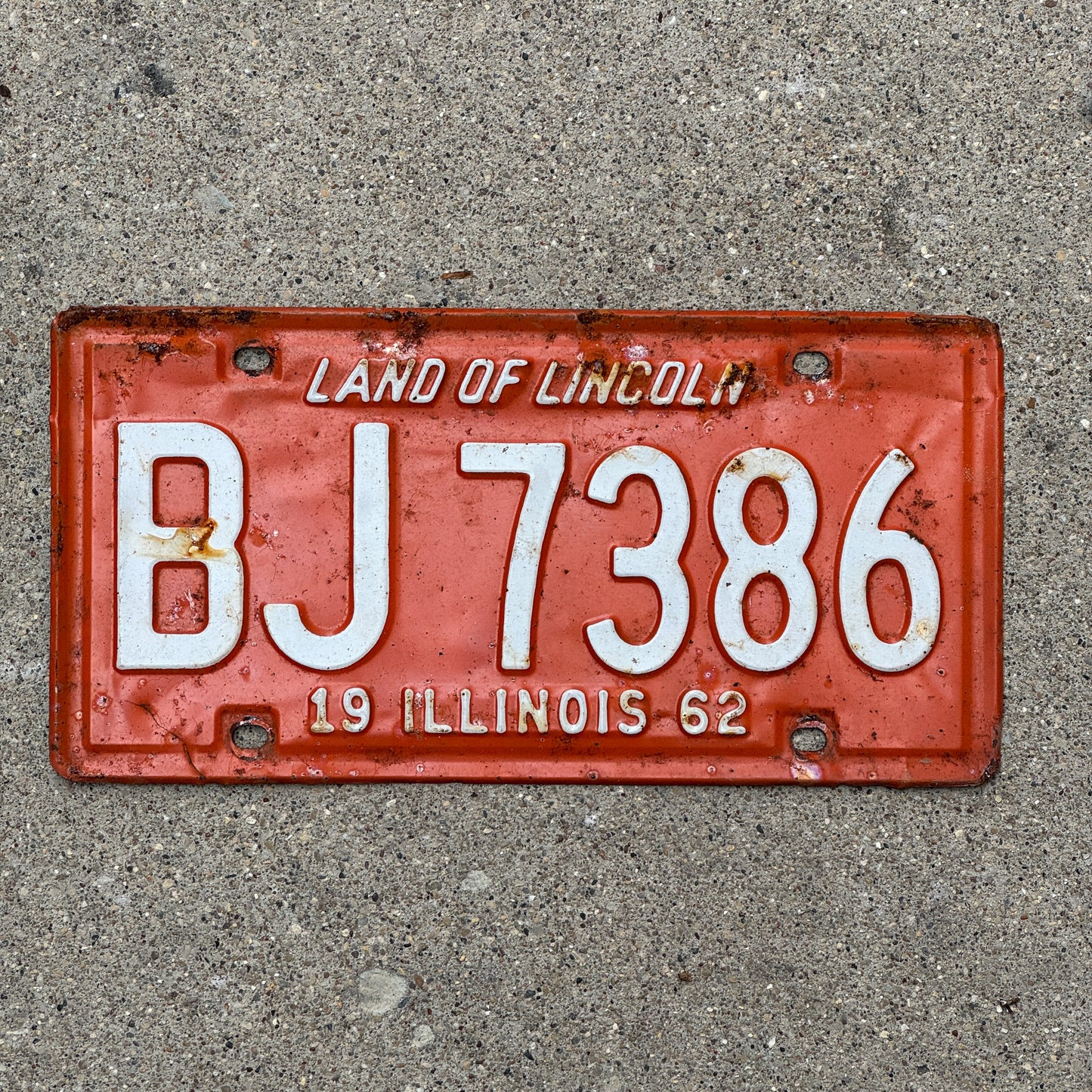 Photo of a 1962 Illinois License Plate Auto Tag 1 Vintage Garage BJ 7386 with original patina
