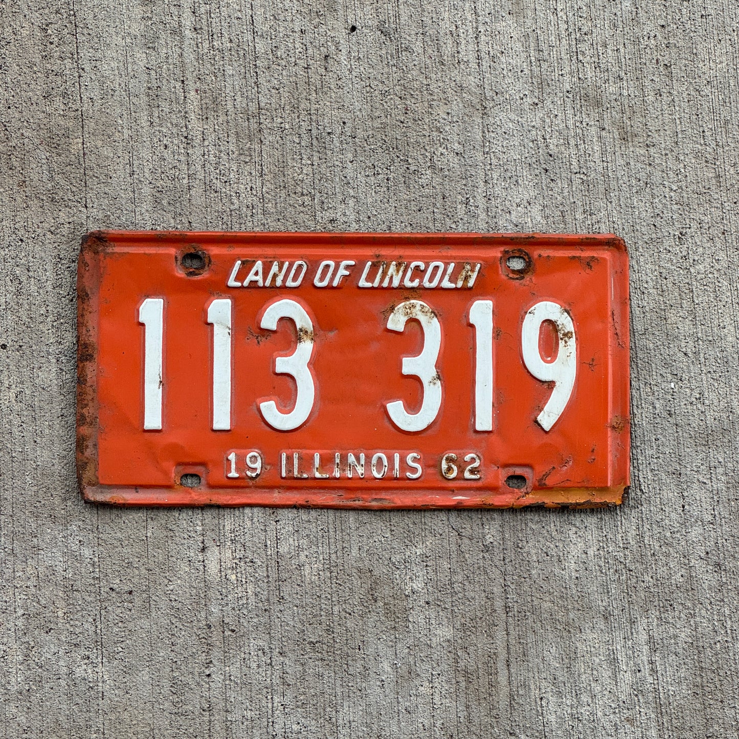 Photo of a 1962 Illinois License Plate Auto Tag 2 Vintage Garage 113 319 with original patina