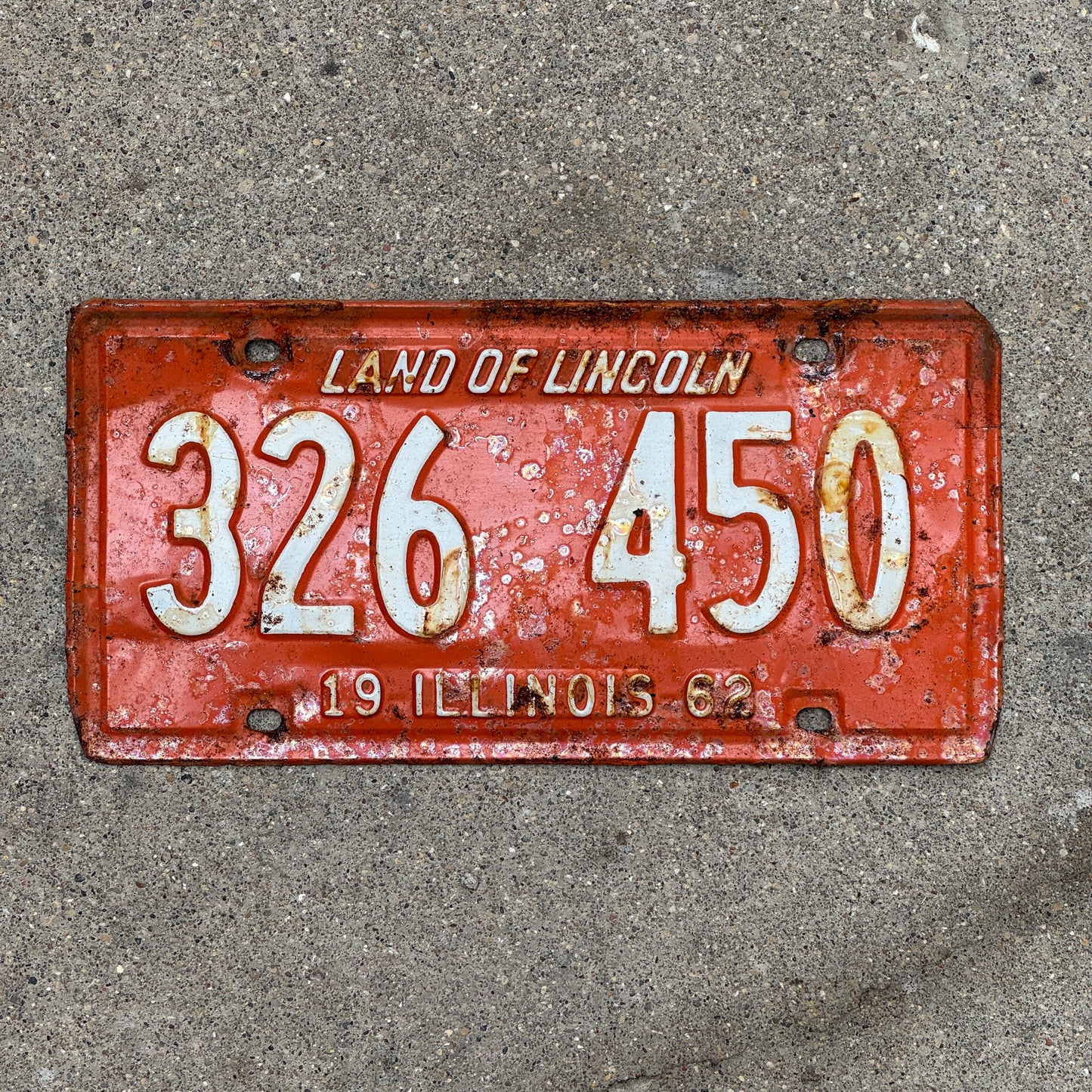 Photo of a 1962 Illinois License Plate Auto Tag Garage Decor Vintage 326 450 with original patina