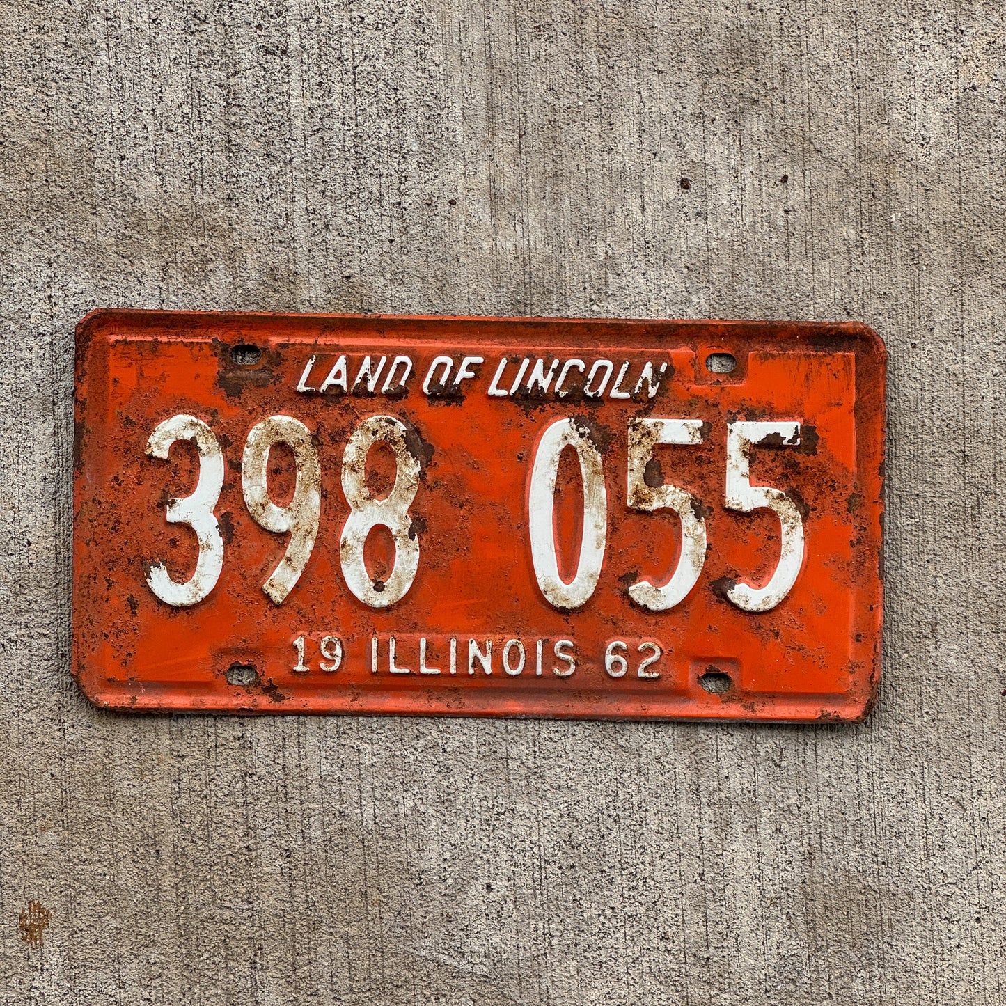 Photo of a 1962 Illinois License Plate Auto Tag Garage Decor Vintage 398 055 with original patina
