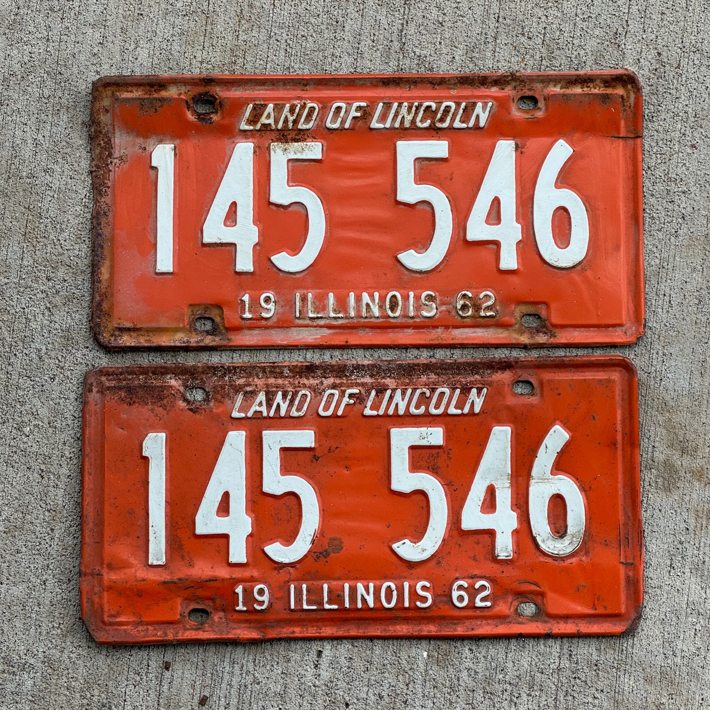 Photo of a 1962 Illinois License Plate Pair Auto Tag Garage Decor Vintage 145 546 with original patina