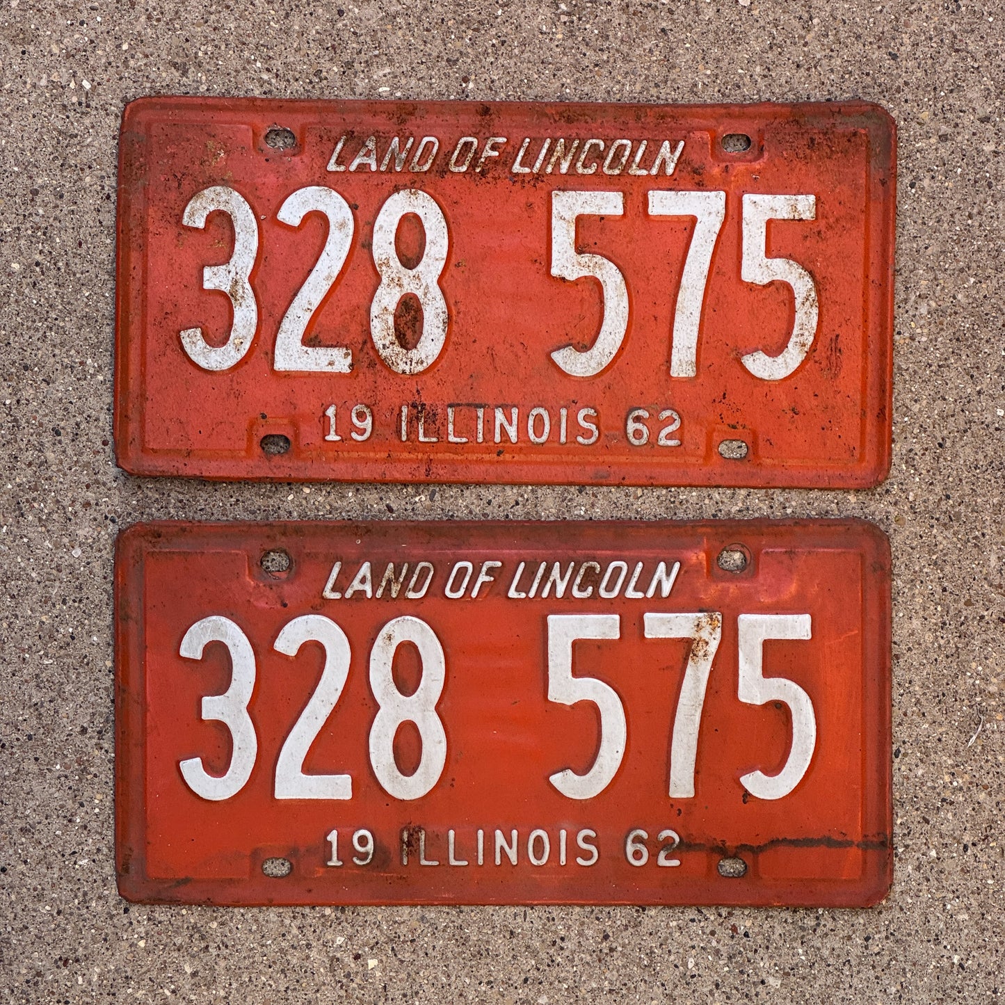 Photo of a 1962 Illinois License Plate Pair Auto Tag Garage Decor Vintage 328 575 with original patina