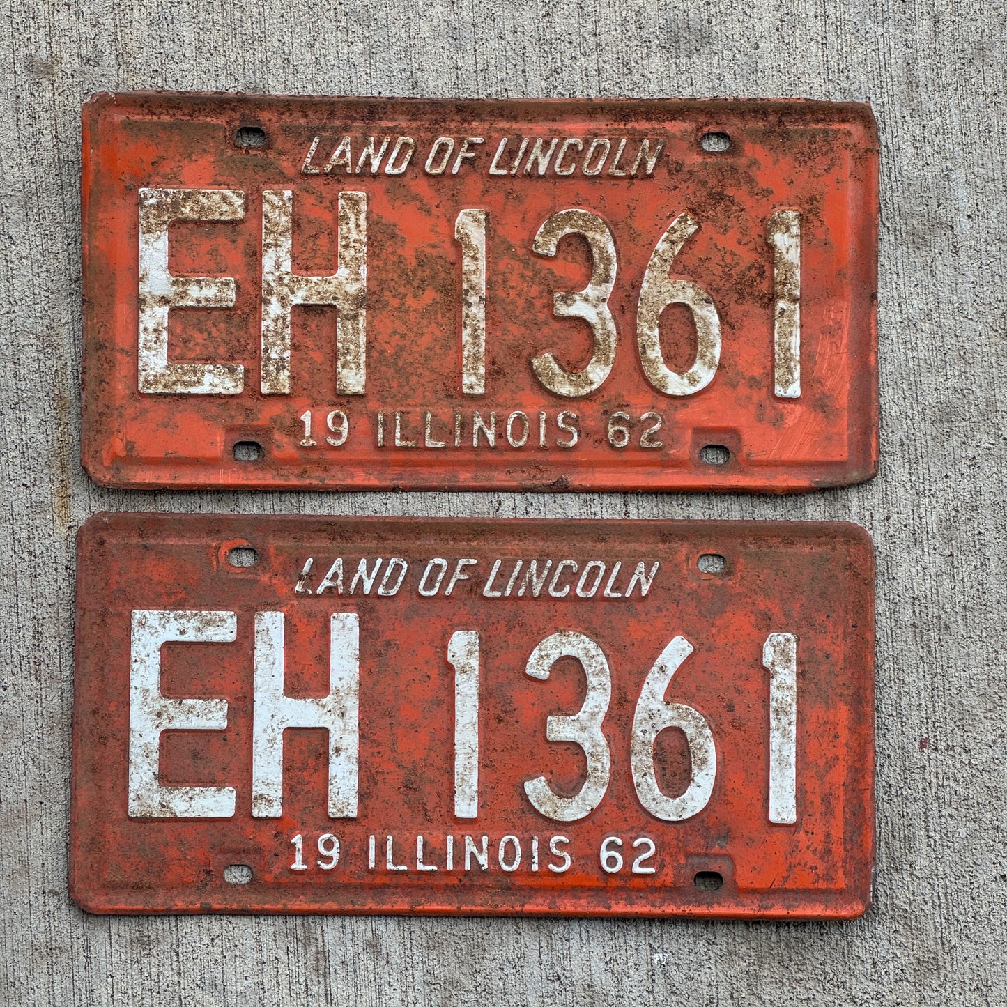 Photo of a 1962 Illinois License Plate Pair Auto Tag Garage Decor Vintage EH 1361 with original patina