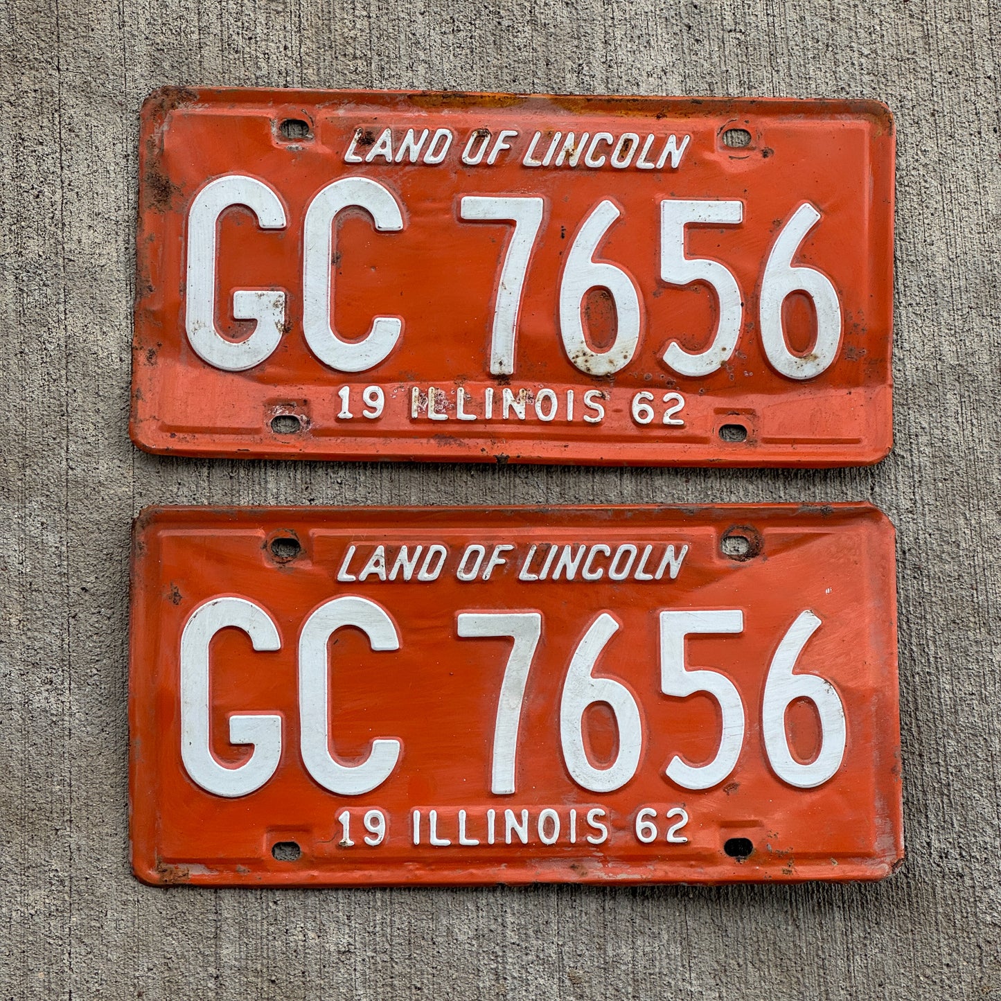 Photo of a 1962 Illinois License Plate Pair Auto Tag Garage Decor Vintage GC 7656 with original patina
